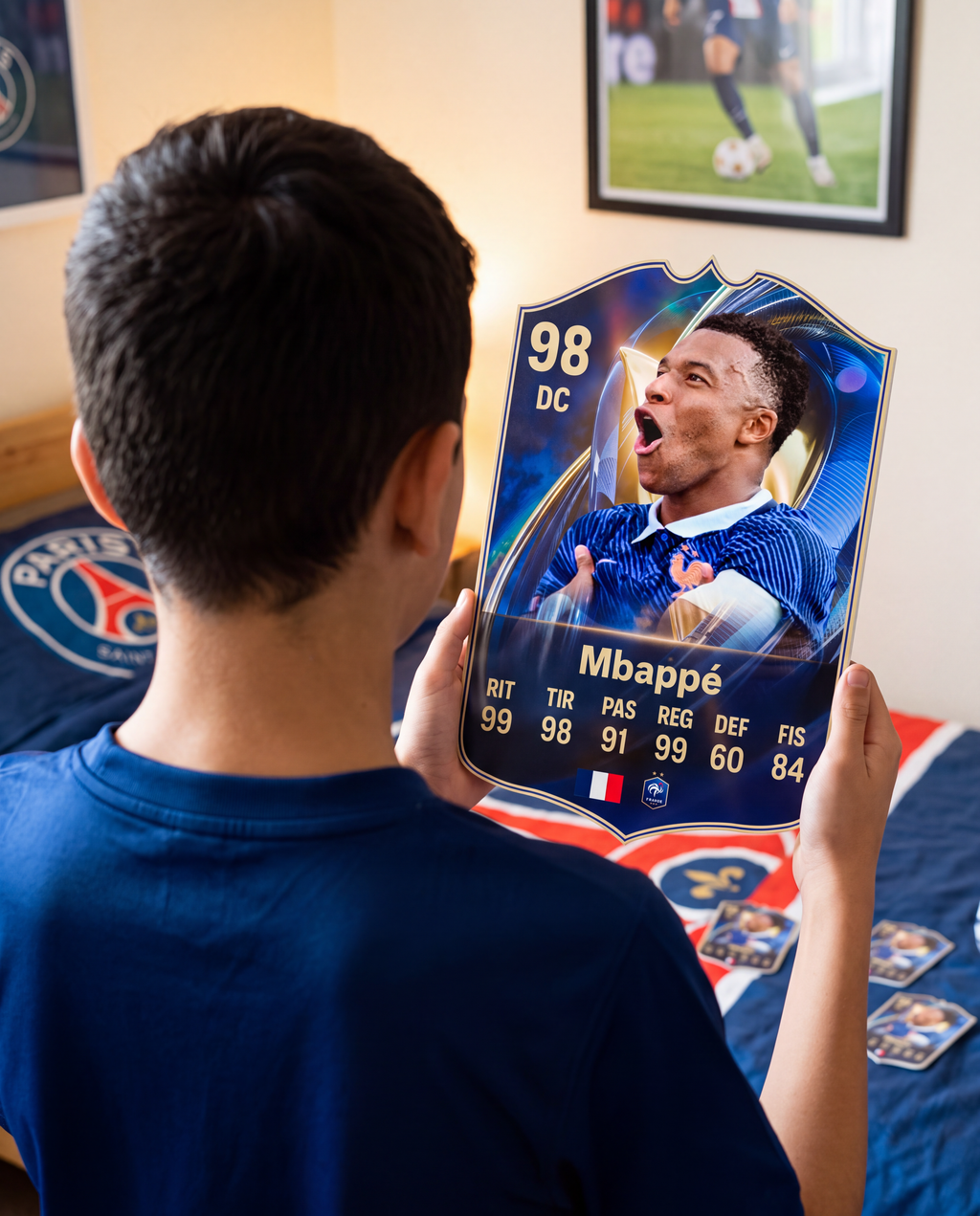 Niño con la carta de Mbappé en su pieza — Regalos de Fútbol