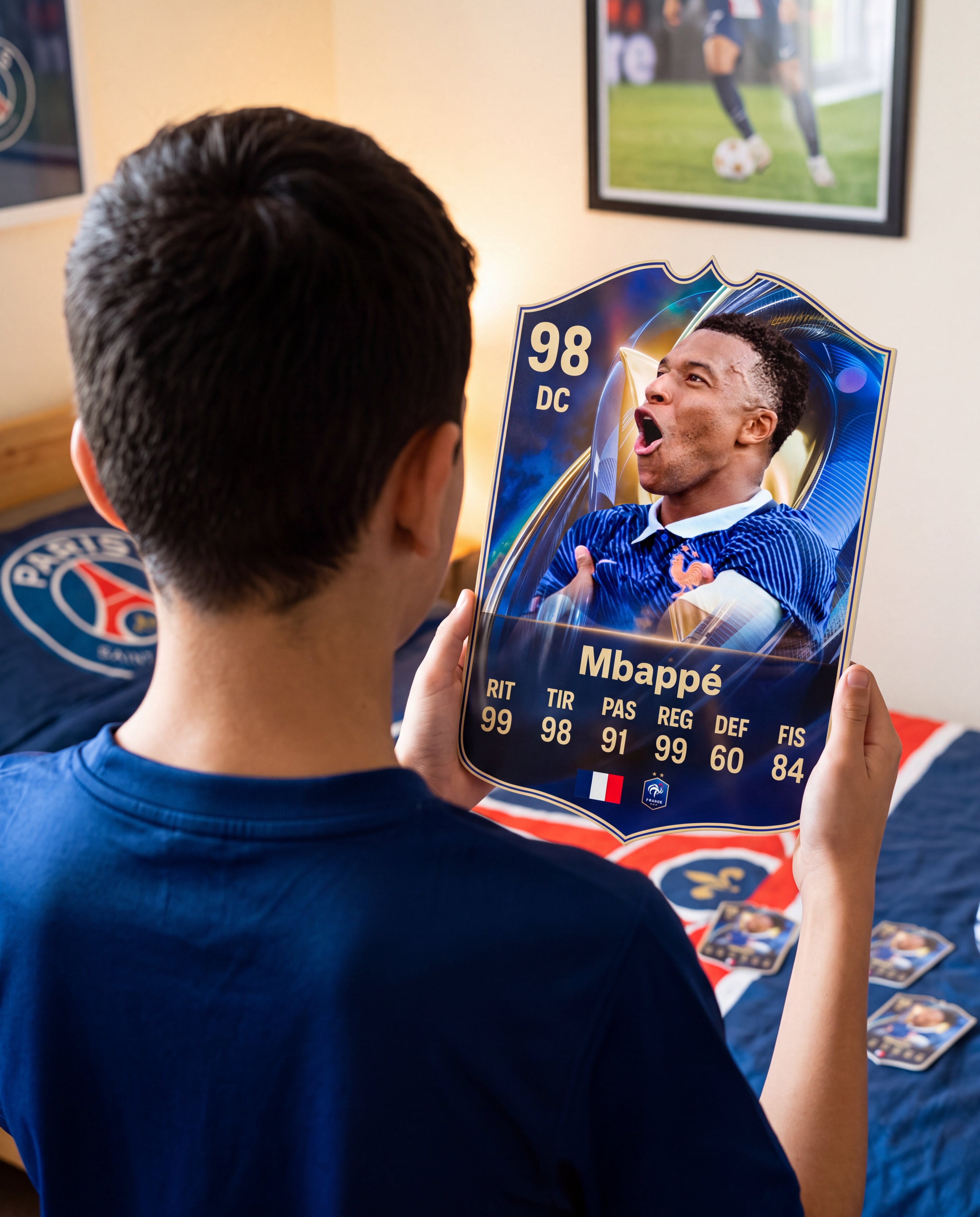 Niño con la carta de Mbappé en su pieza — Regalos de Fútbol