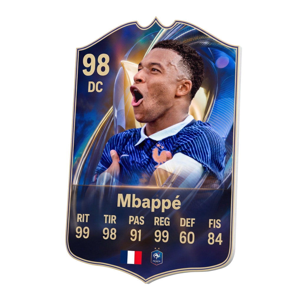 Carta coleccionable Mbappé en foamex 5 mm, vista 3D