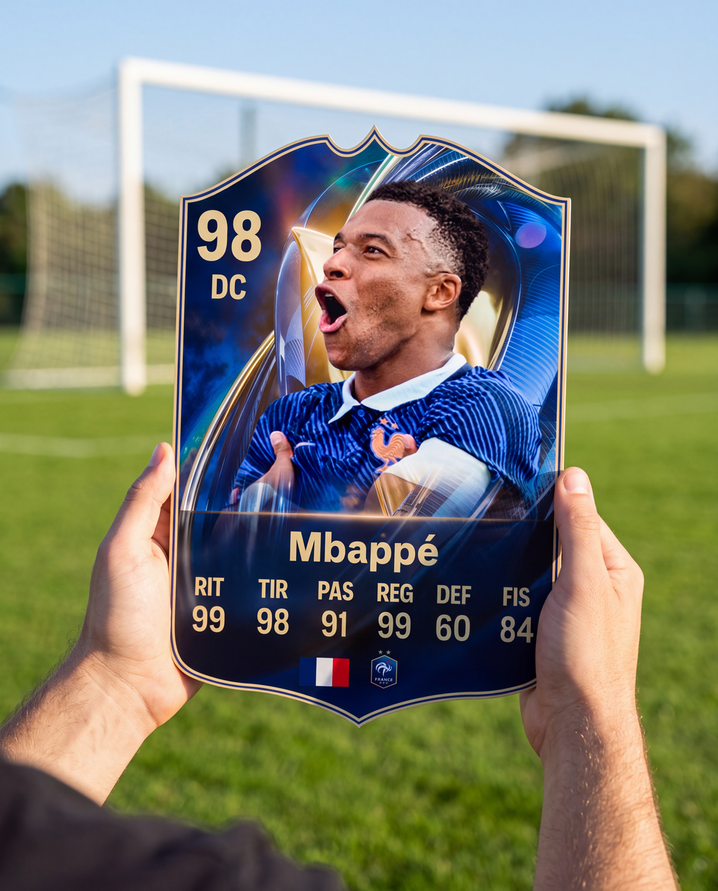 Carta coleccionable de Mbappé en la cancha — Regalos de Fútbol