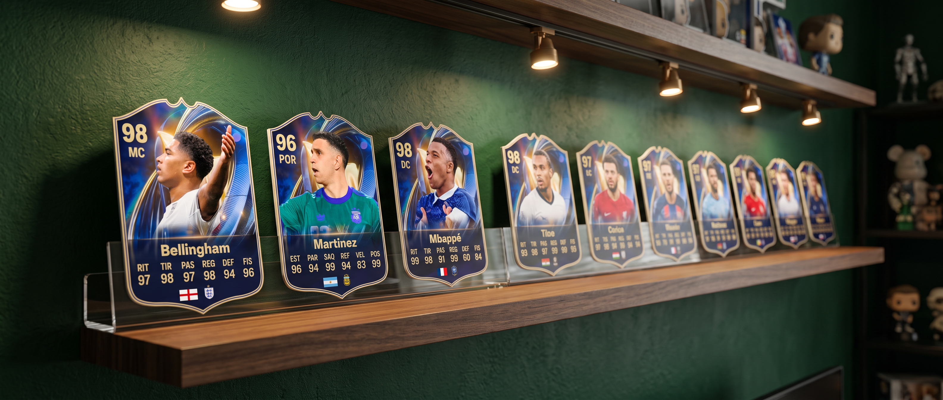 Cartas coleccionables en repisa — cabecera colecciones — Regalos de Fútbol