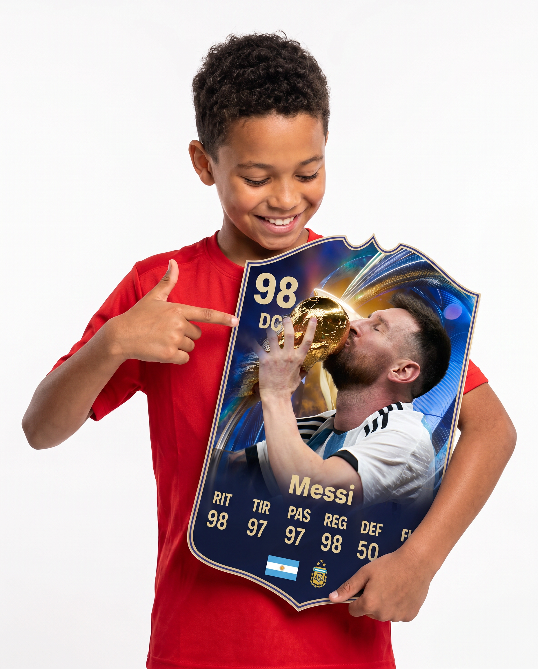 Niño mostrando su carta coleccionable de Messi — Regalos de Fútbol