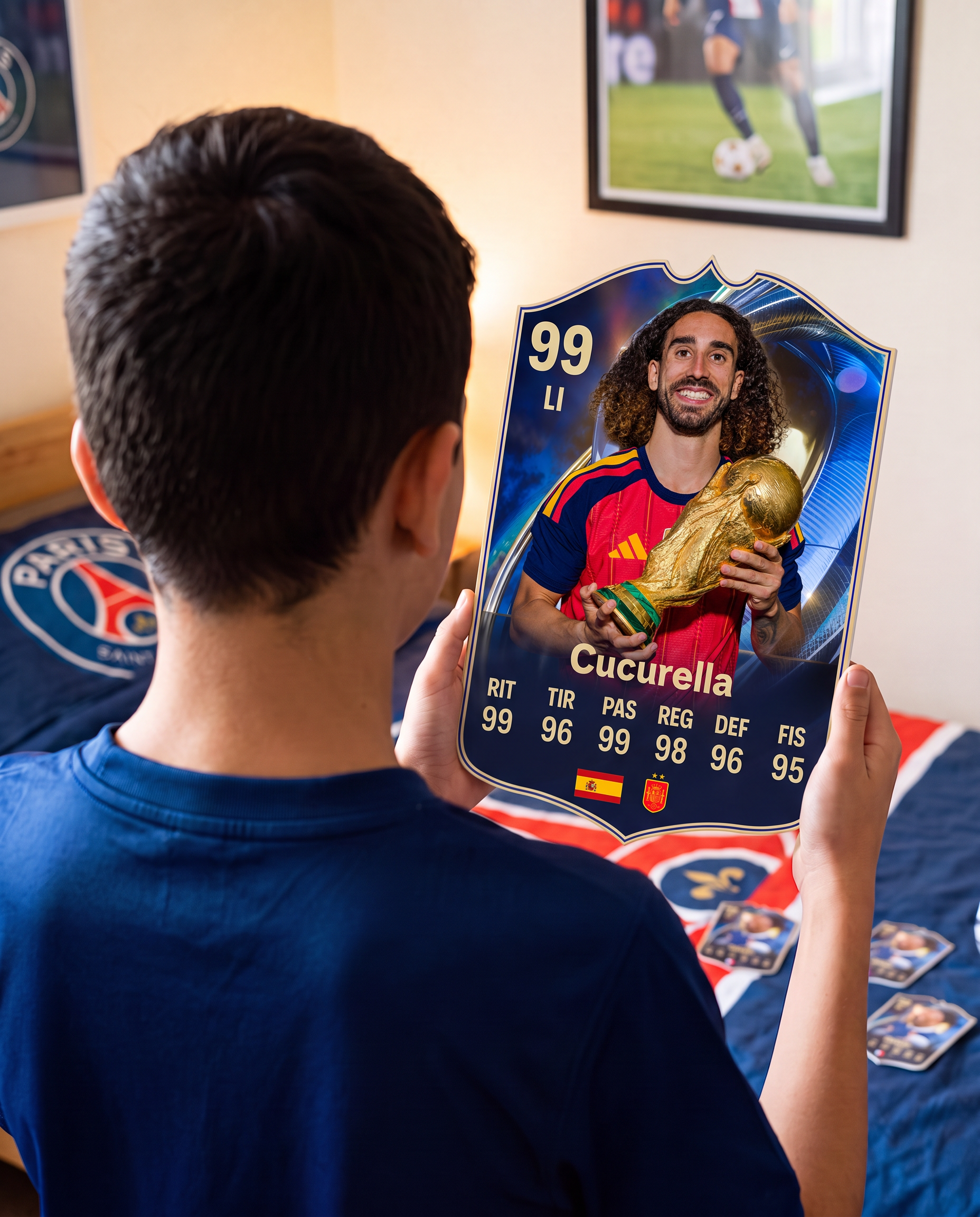 Niño con la carta de Cucurella en su pieza — Regalos de Fútbol