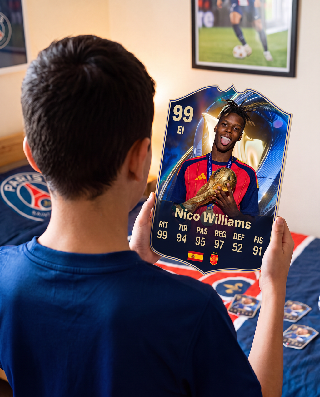 Diseño 2 — niño con la carta de Nico Williams en su pieza — Regalos de Fútbol