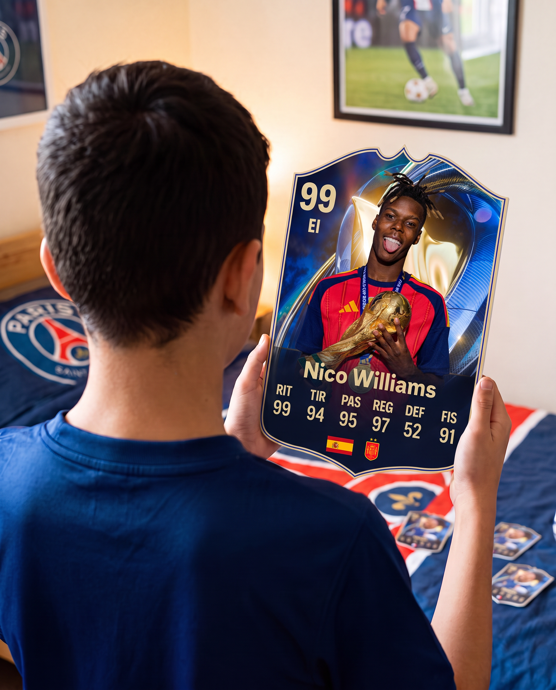 Diseño 2 — niño con la carta de Nico Williams en su pieza — Regalos de Fútbol