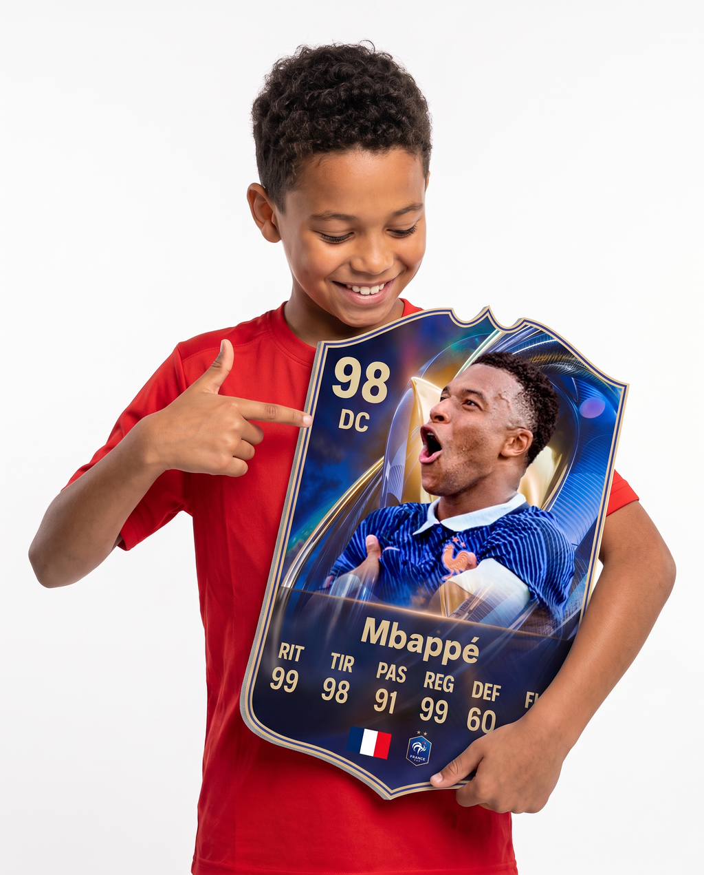 Diseño 5 — niño mostrando su carta de Mbappé — Regalos de Fútbol