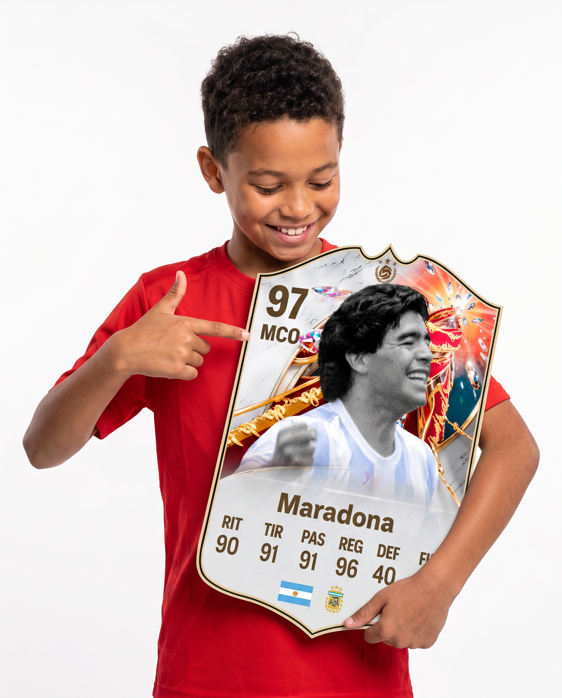 Niño mostrando su carta coleccionable de Maradona — Regalos de Fútbol