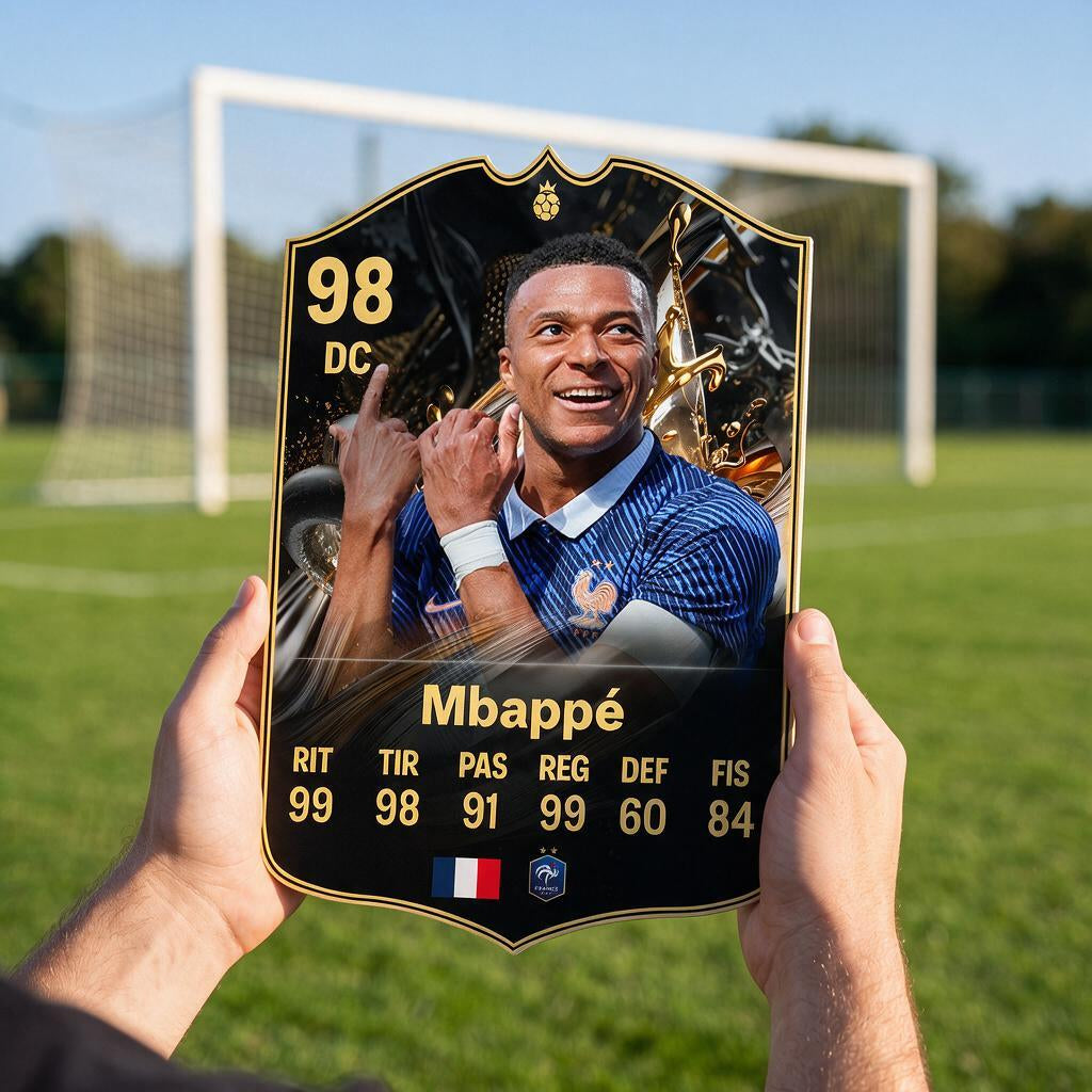 Diseño 1 — carta de Mbappé en la cancha — Regalos de Fútbol