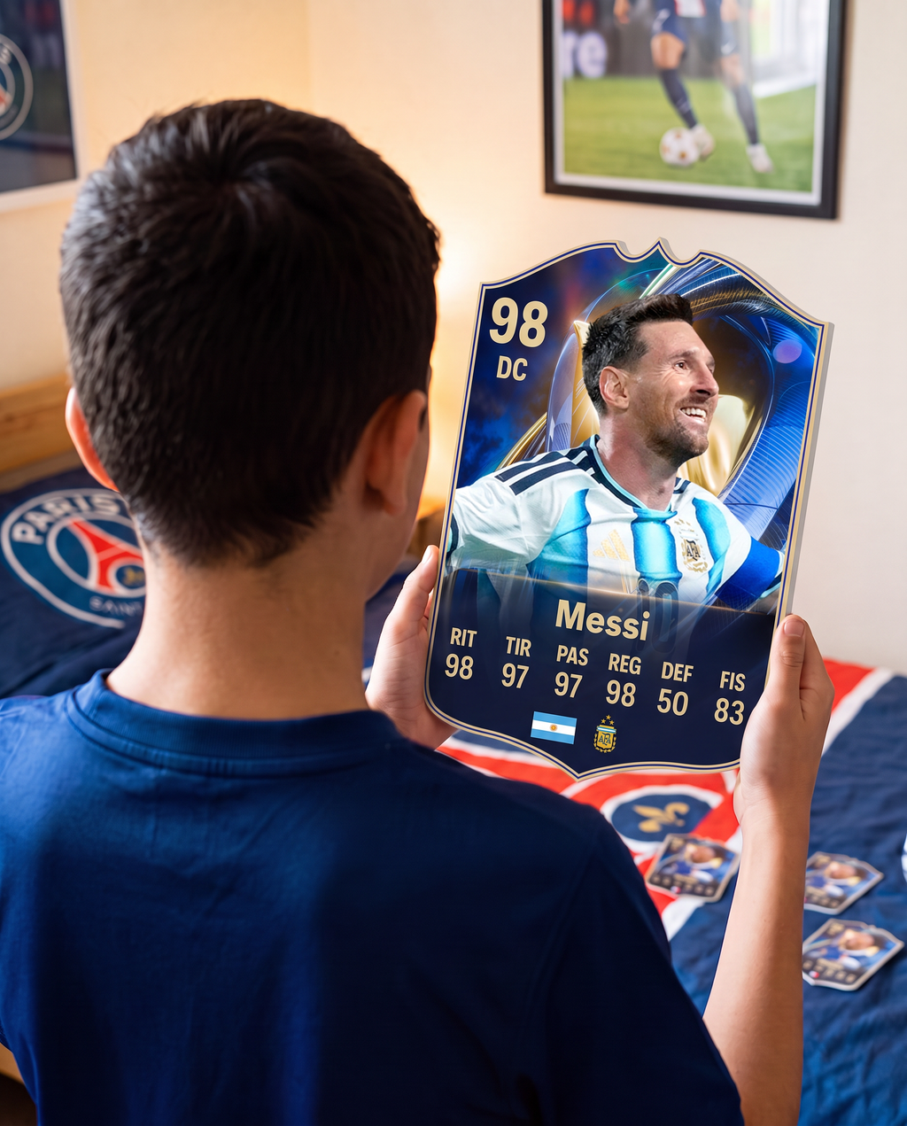 Diseño 3 — niño con la carta de Messi en su pieza — Regalos de Fútbol