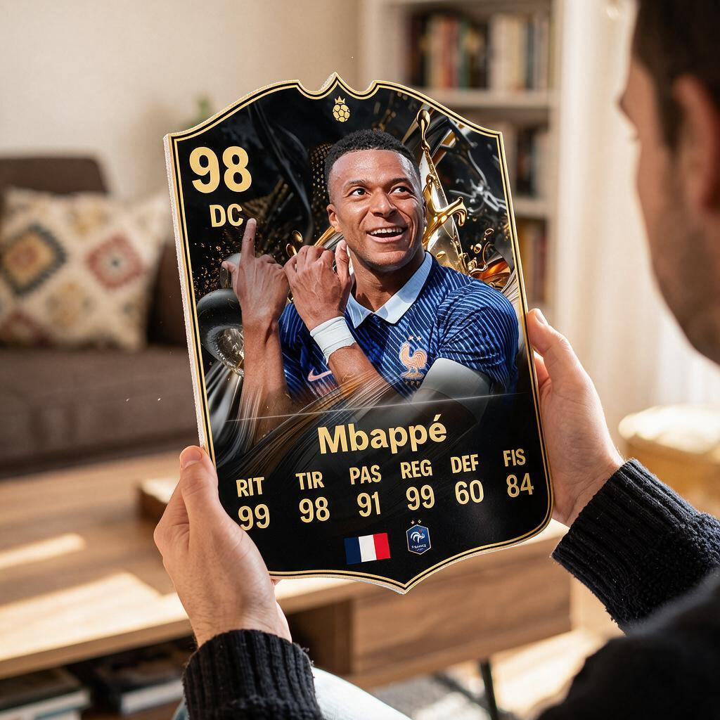 Diseño 1 — carta de Mbappé en las manos — Regalos de Fútbol
