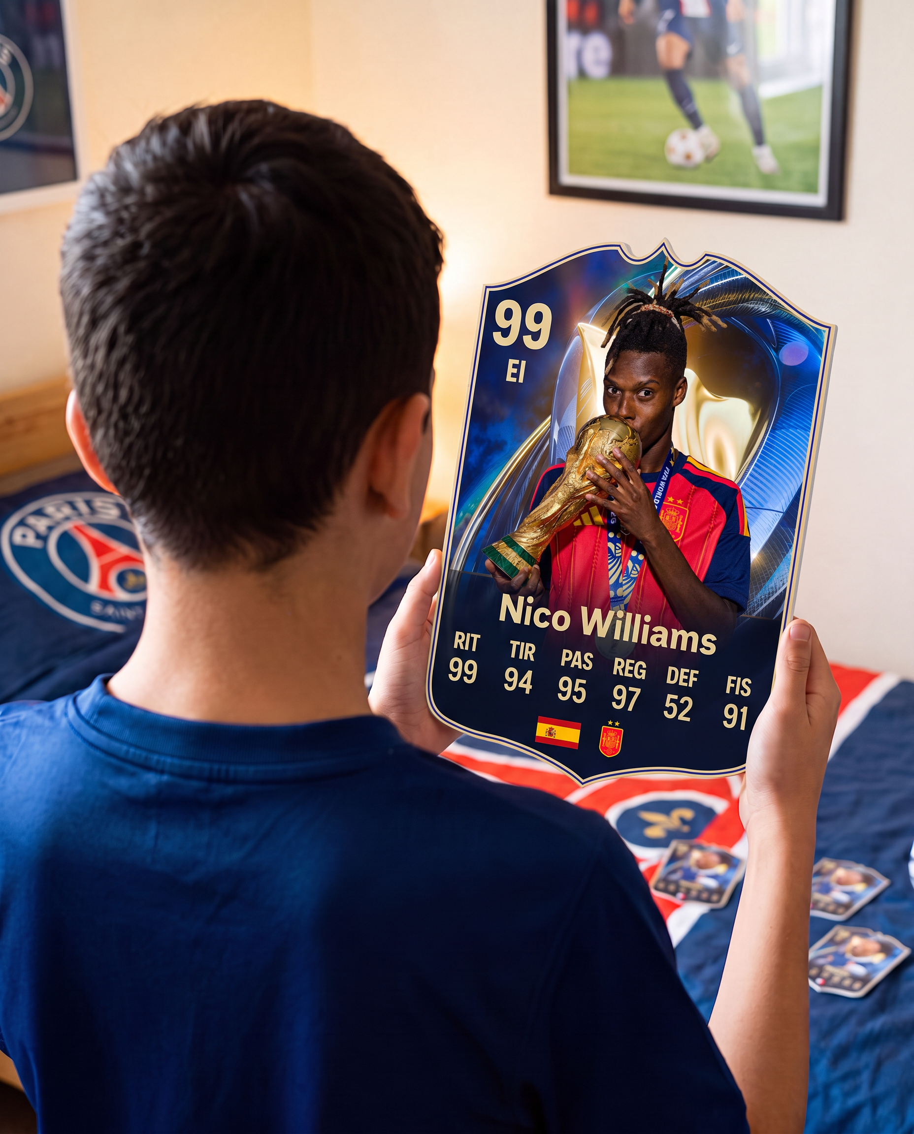 Niño con la carta de Nico Williams en su pieza — Regalos de Fútbol