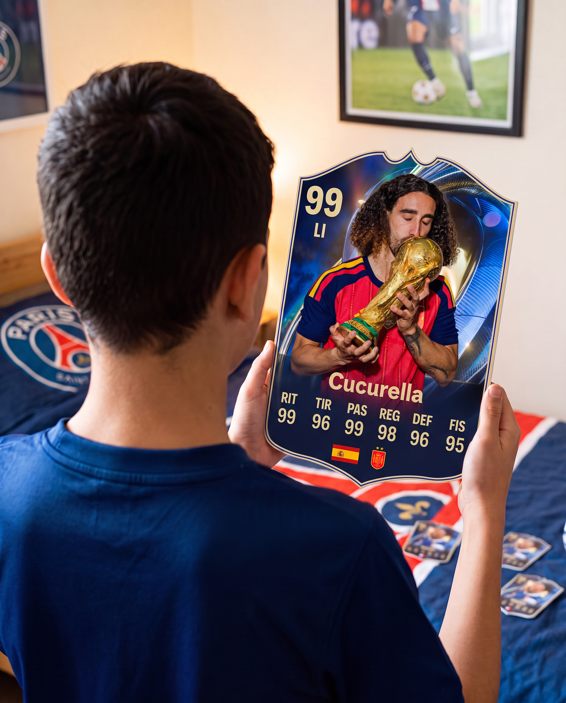 Diseño 2 — niño con la carta de Cucurella en su pieza — Regalos de Fútbol
