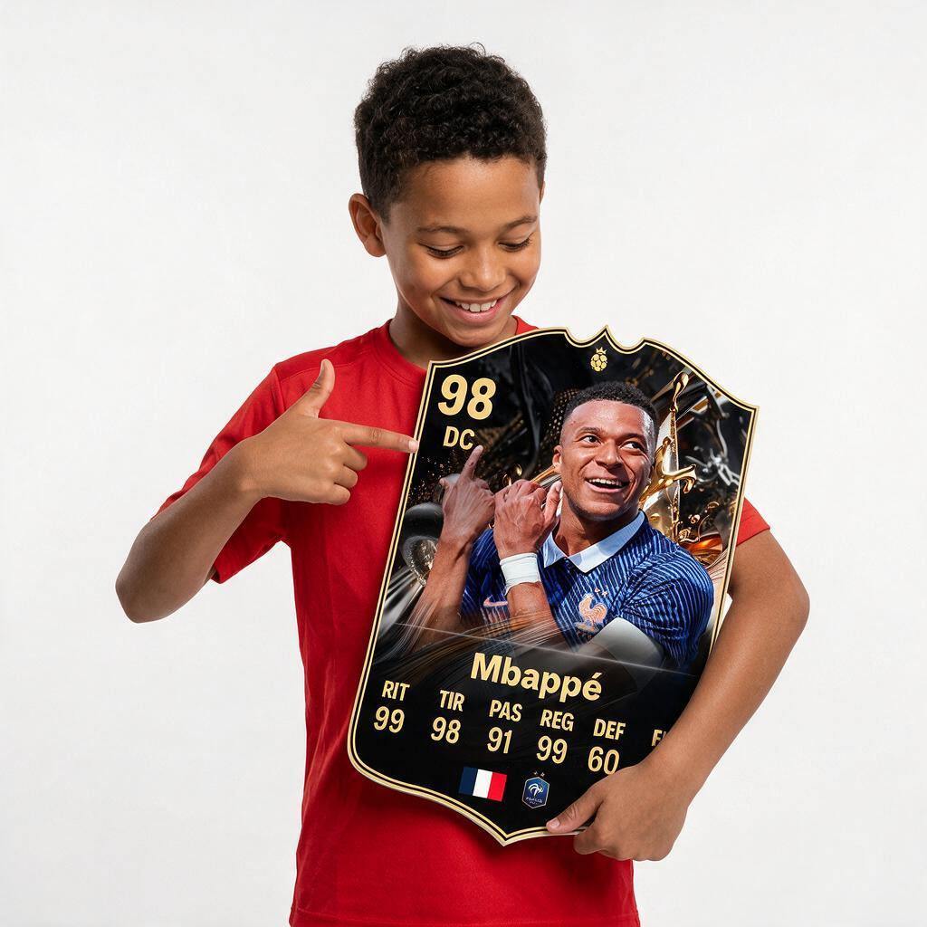 Diseño 1 — niño mostrando su carta de Mbappé — Regalos de Fútbol
