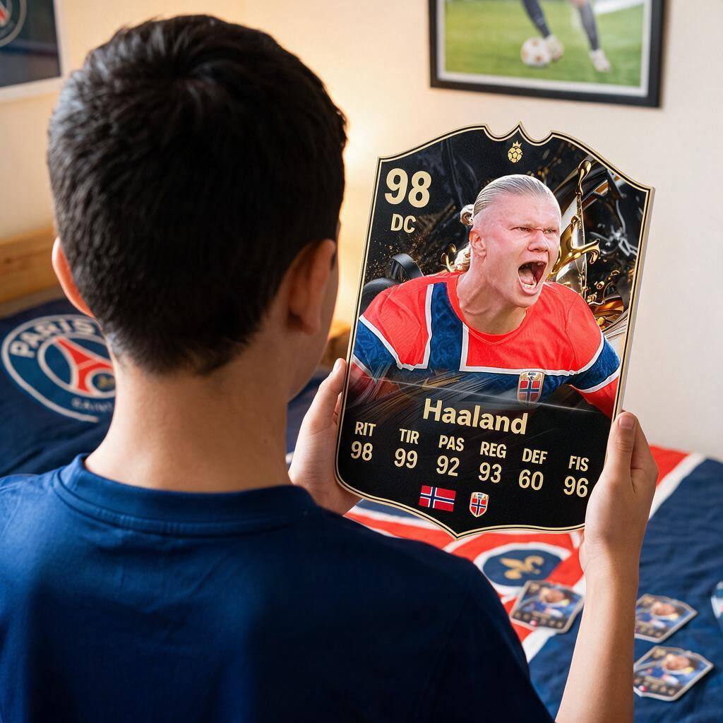 Diseño 3 — niño con la carta de Haaland en su pieza — Regalos de Fútbol