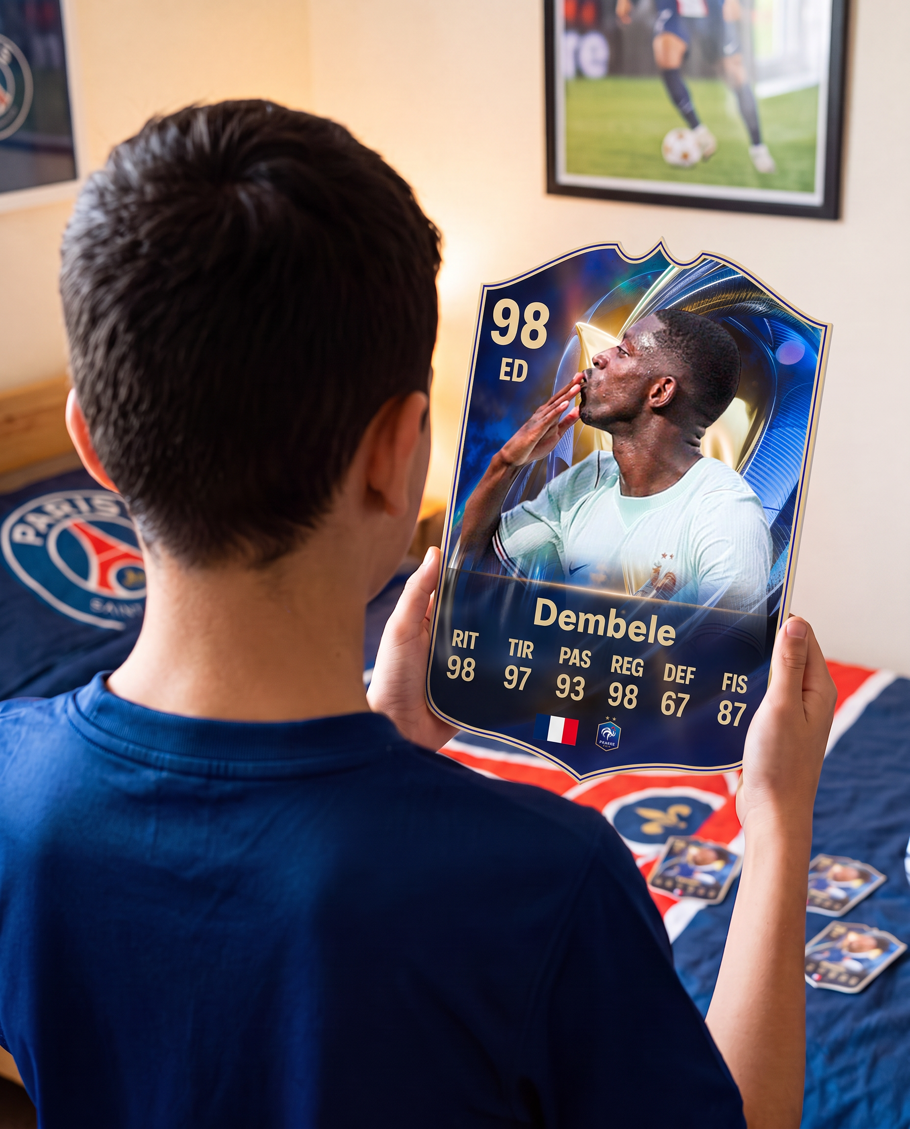 Niño con la carta de Dembélé en su pieza — Regalos de Fútbol
