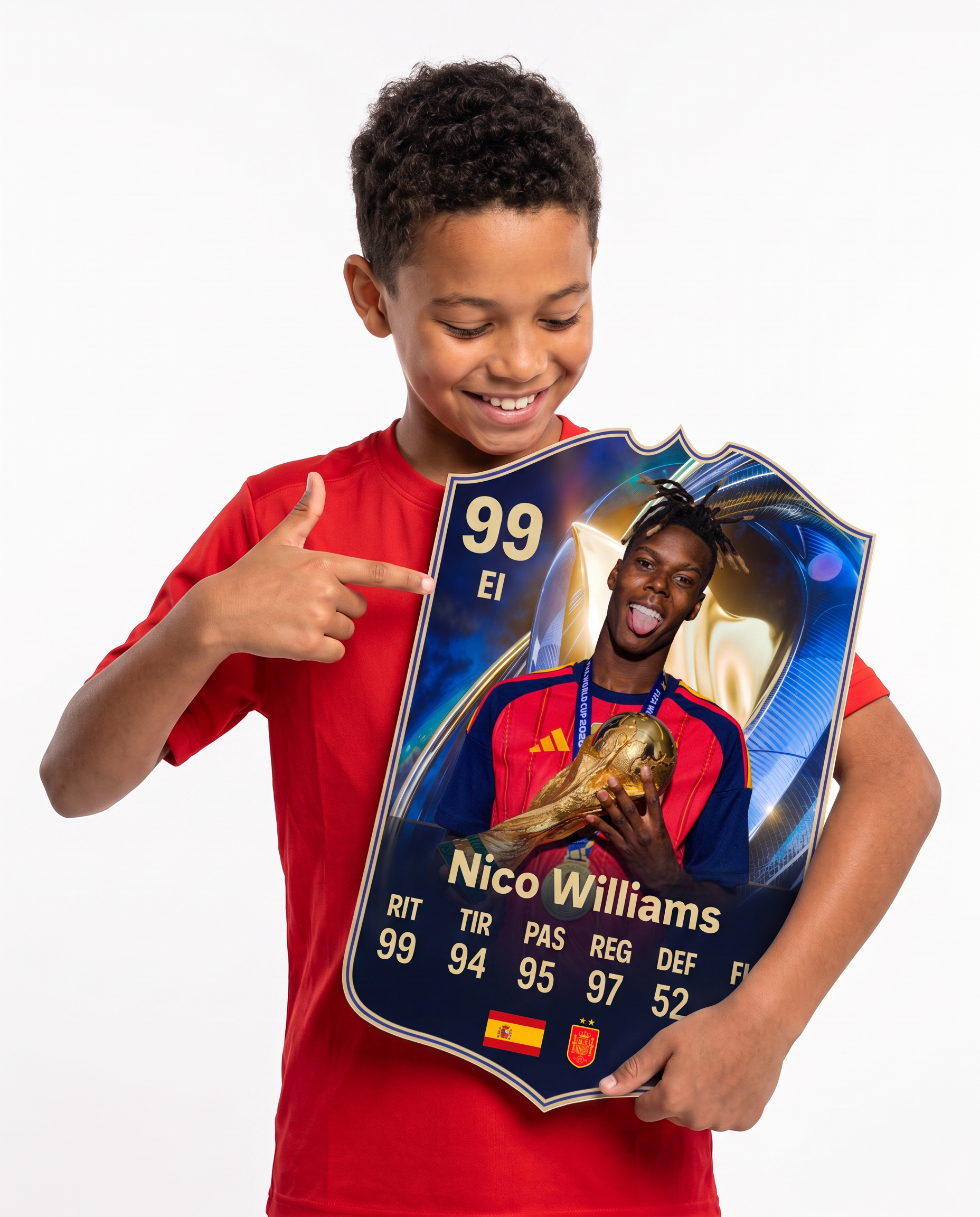 Diseño 2 — niño mostrando su carta de Nico Williams — Regalos de Fútbol
