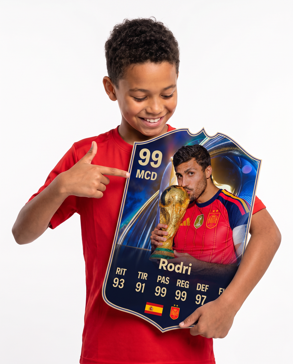 Niño mostrando su carta coleccionable de Rodri — Regalos de Fútbol
