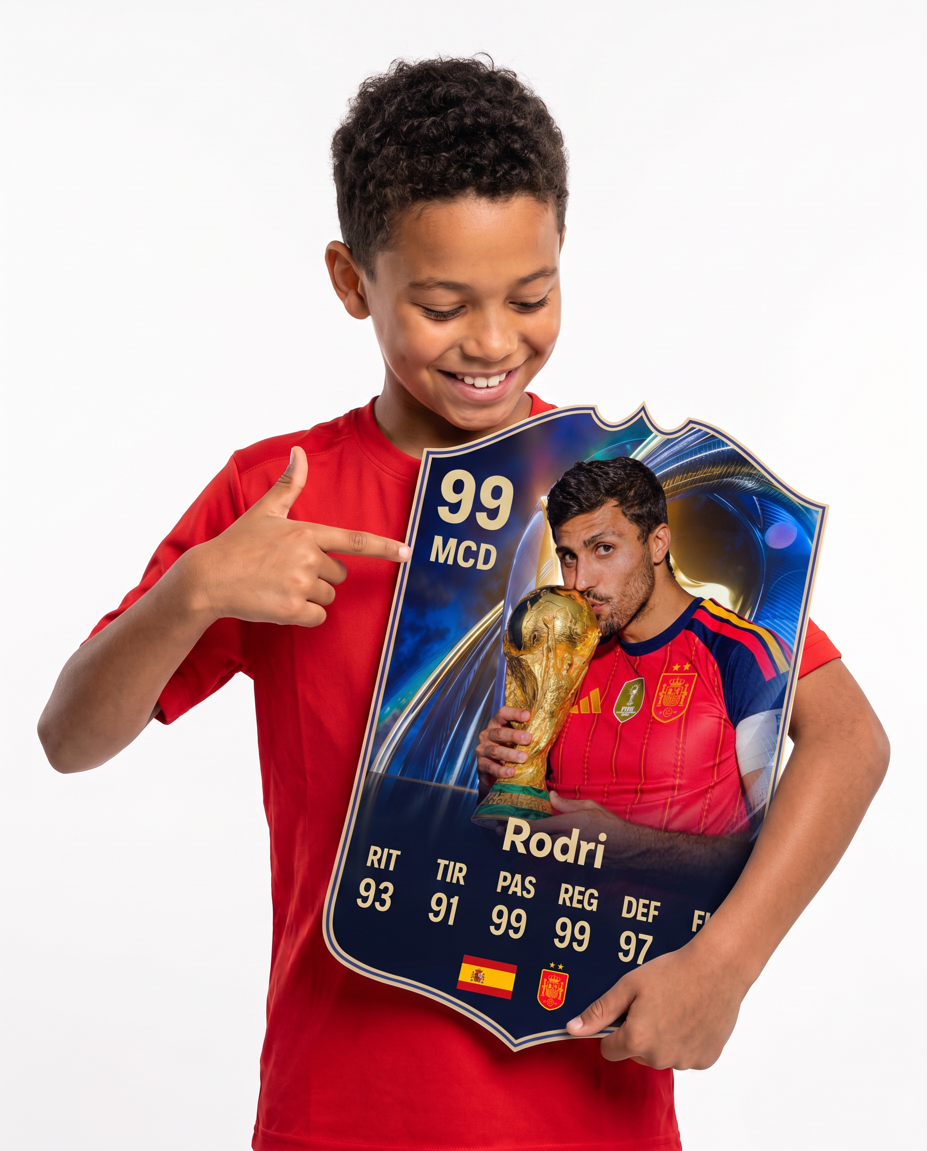 Niño mostrando su carta coleccionable de Rodri — Regalos de Fútbol