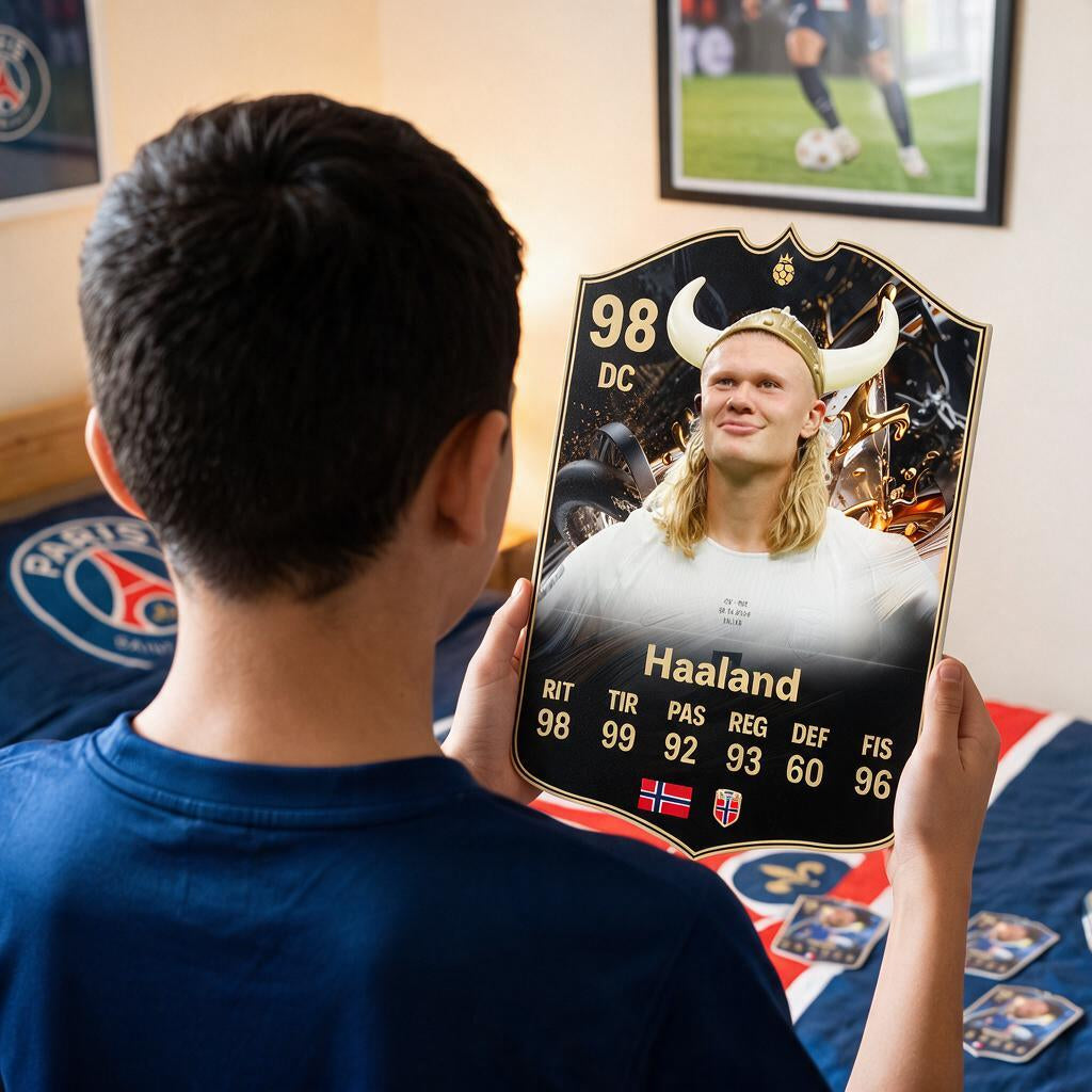 Diseño 5 — niño con la carta de Haaland en su pieza — Regalos de Fútbol