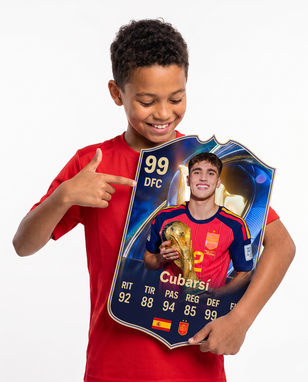 Niño mostrando su carta coleccionable de Cubarsí — Regalos de Fútbol