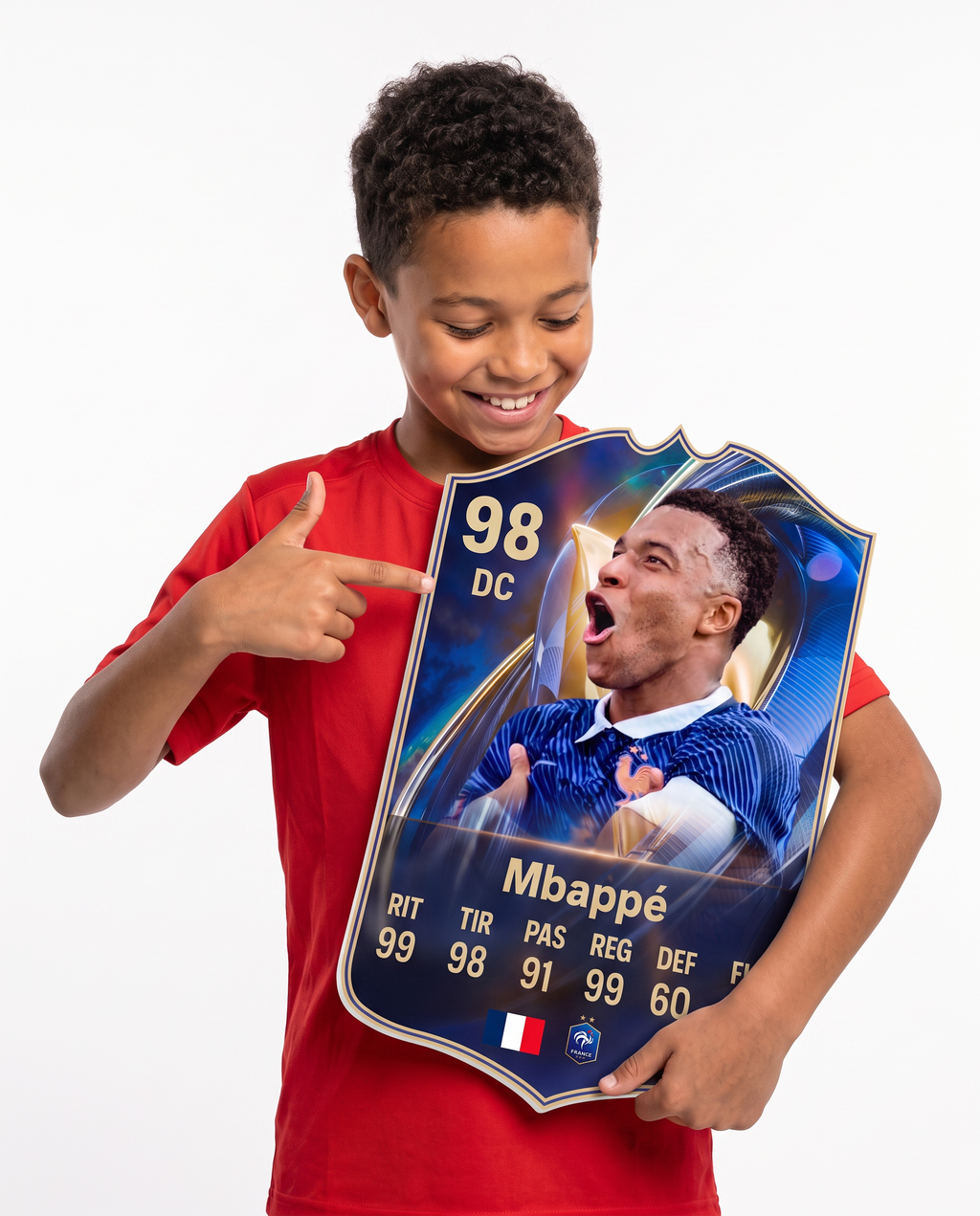 Diseño 7 — niño mostrando su carta de Mbappé — Regalos de Fútbol