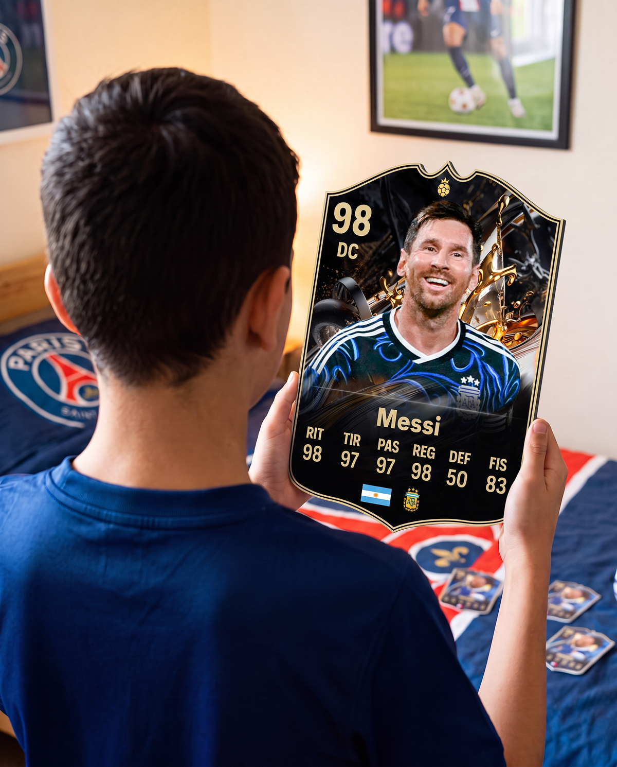Diseño 5 — niño con la carta de Messi en su pieza — Regalos de Fútbol