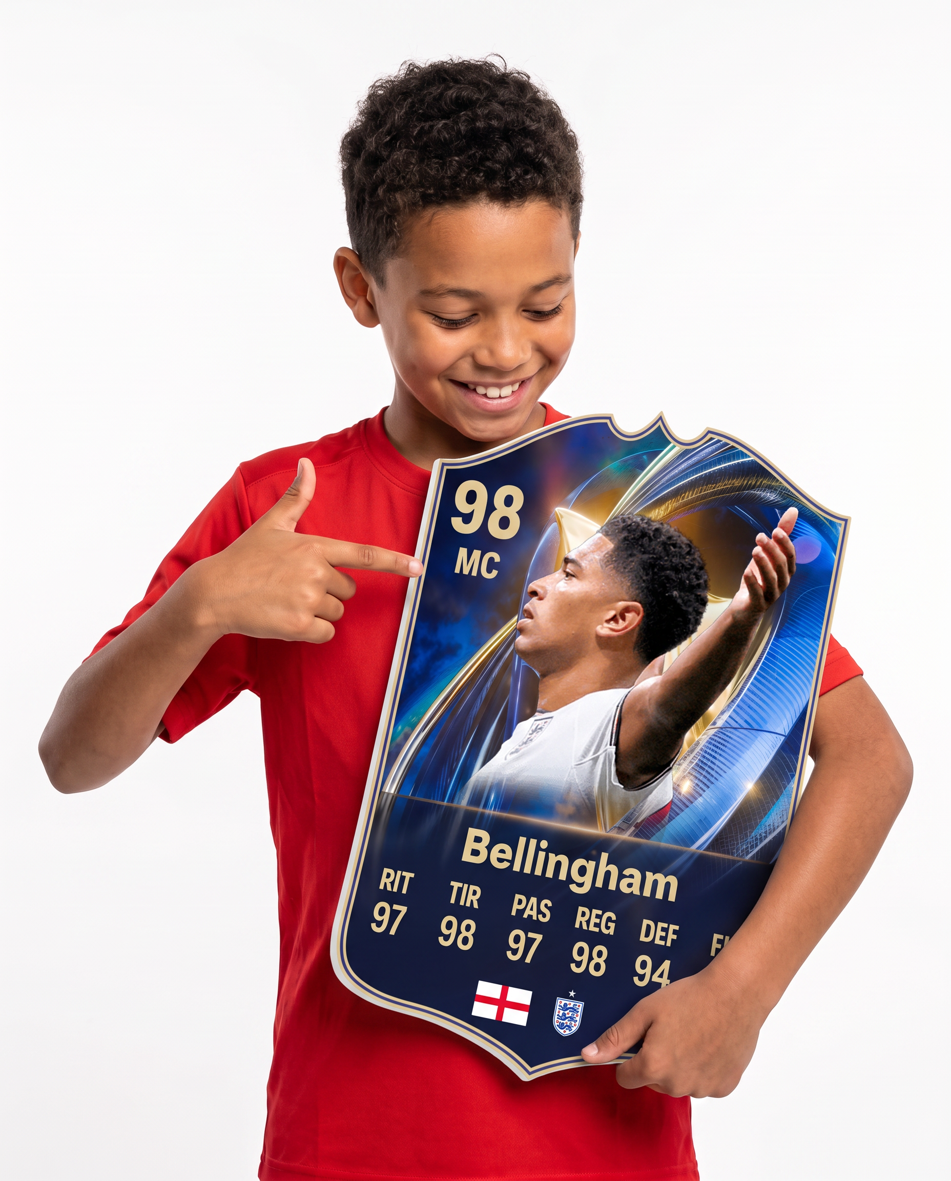Niño mostrando su carta coleccionable de Bellingham — Regalos de Fútbol