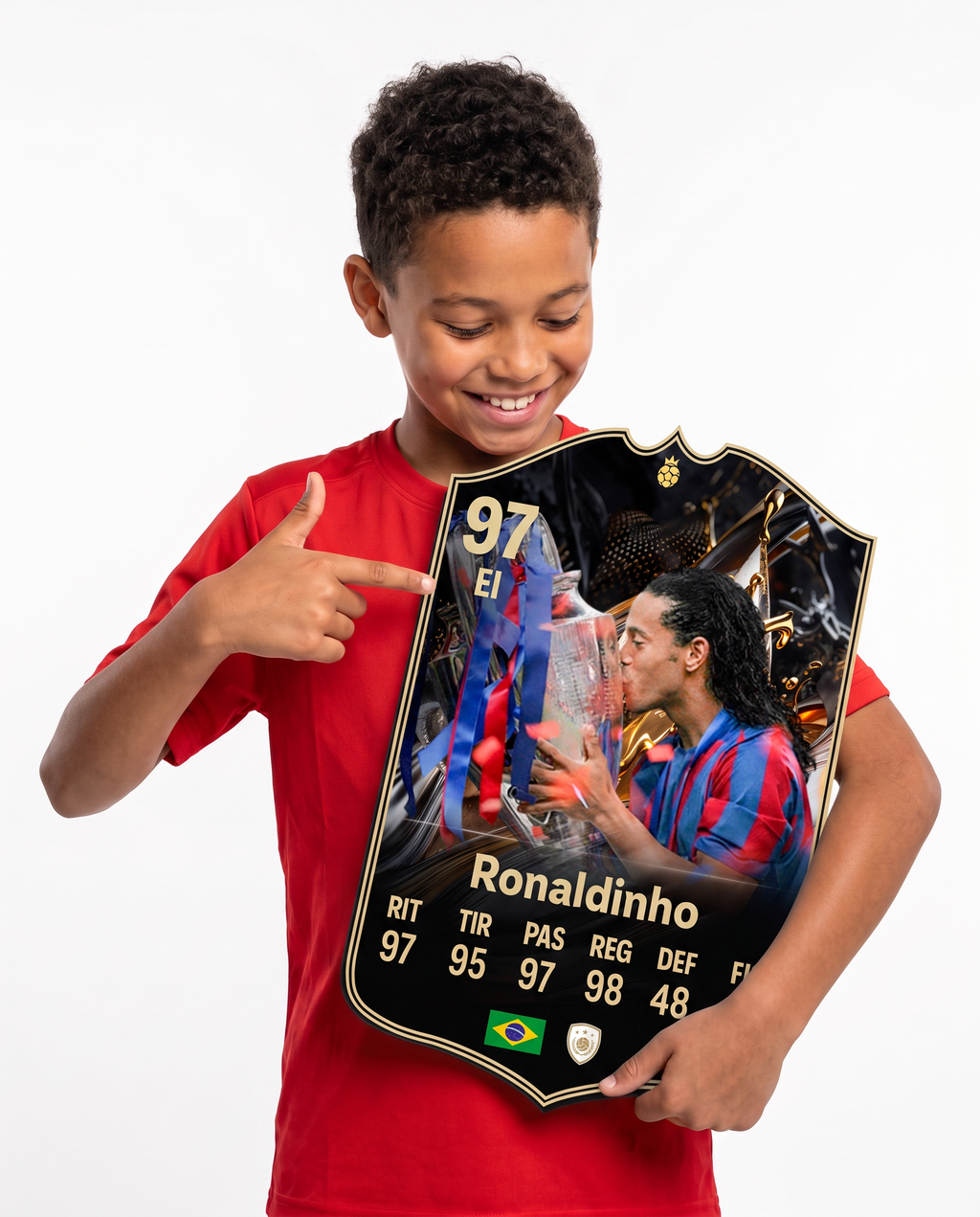 Niño mostrando su carta coleccionable de Ronaldinho — Regalos de Fútbol