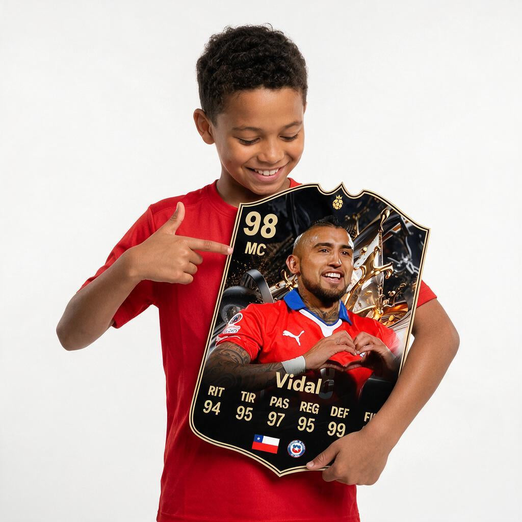 Diseño 1 — niño mostrando su carta de Vidal — Regalos de Fútbol