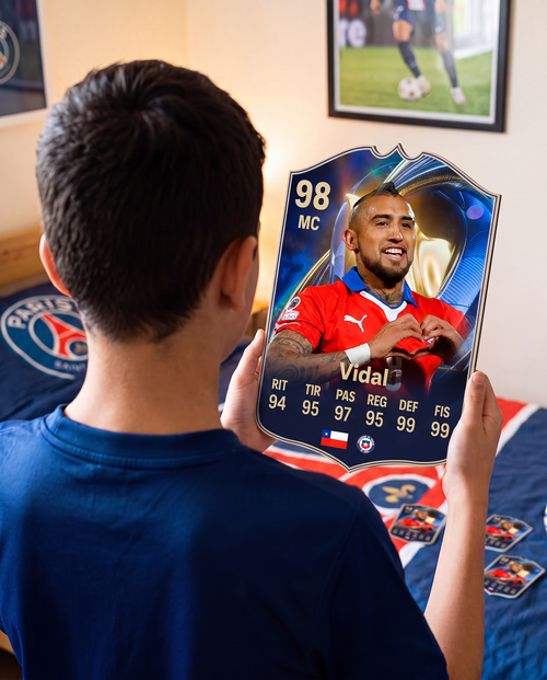 Niño con la carta de Arturo Vidal en su pieza — Regalos de Fútbol