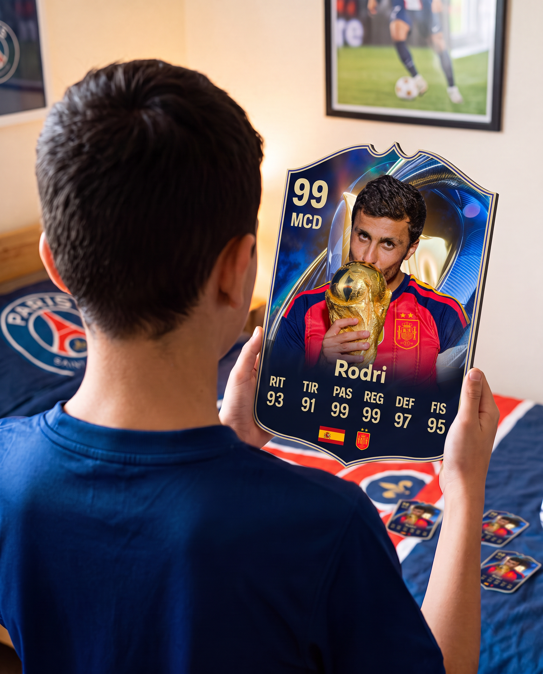 Diseño 2 — niño con la carta de Rodri en su pieza — Regalos de Fútbol