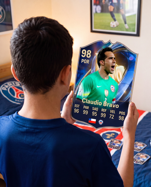 Niño con la carta de Claudio Bravo en su pieza — Regalos de Fútbol