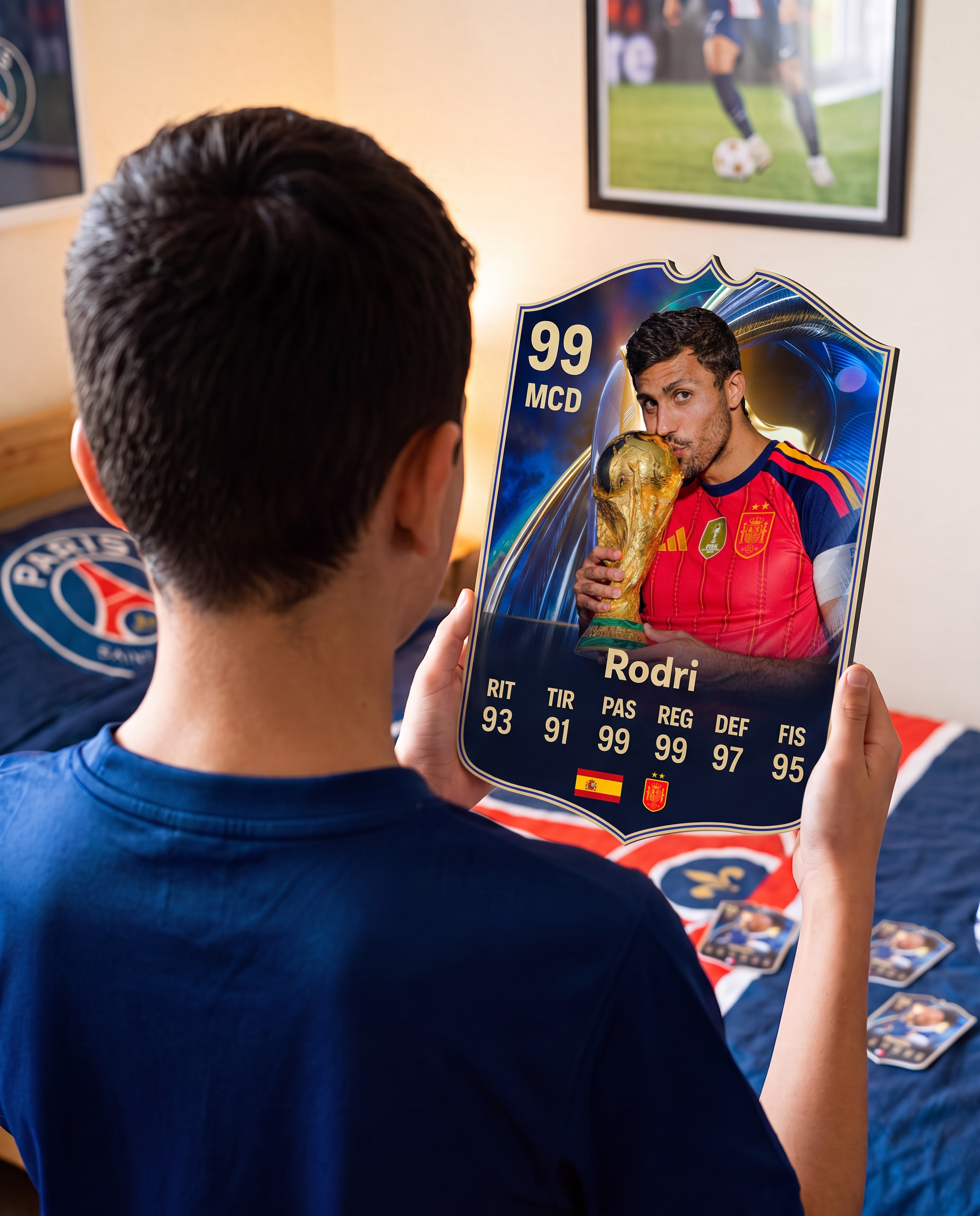 Niño con la carta de Rodri en su pieza — Regalos de Fútbol