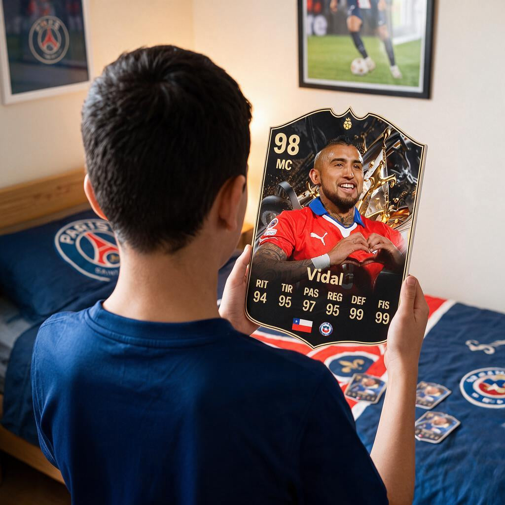 Diseño 1 — niño con la carta de Vidal en su pieza — Regalos de Fútbol