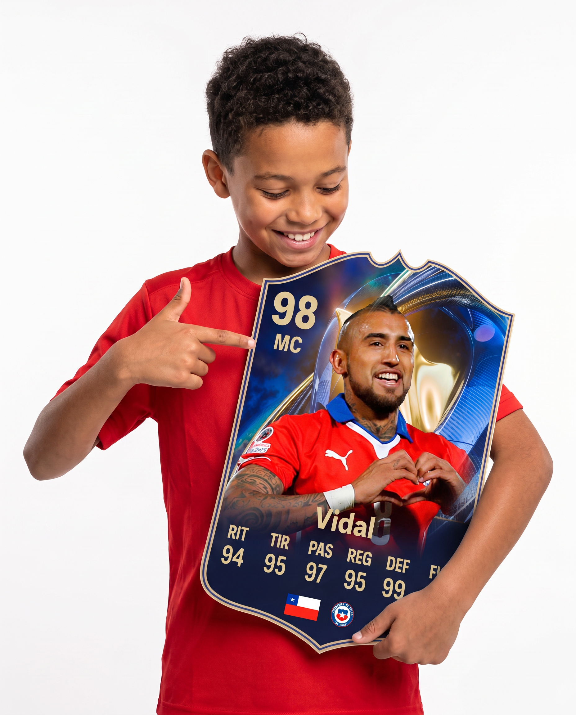 Niño mostrando su carta coleccionable de Arturo Vidal — Regalos de Fútbol