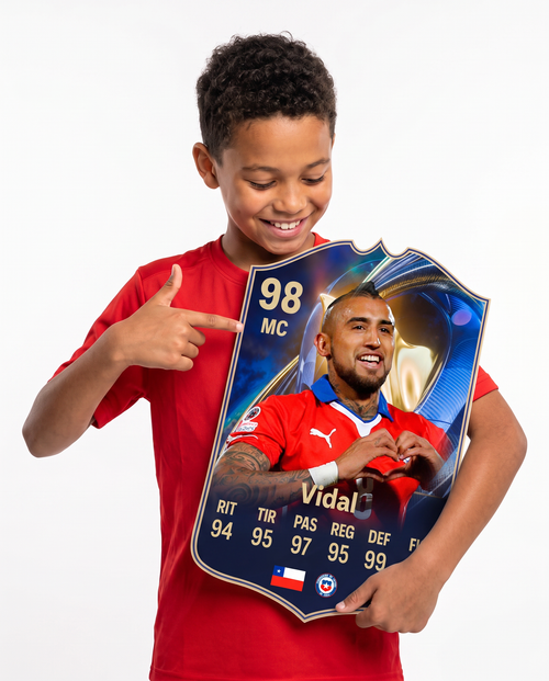 Niño mostrando su carta coleccionable de Arturo Vidal — Regalos de Fútbol