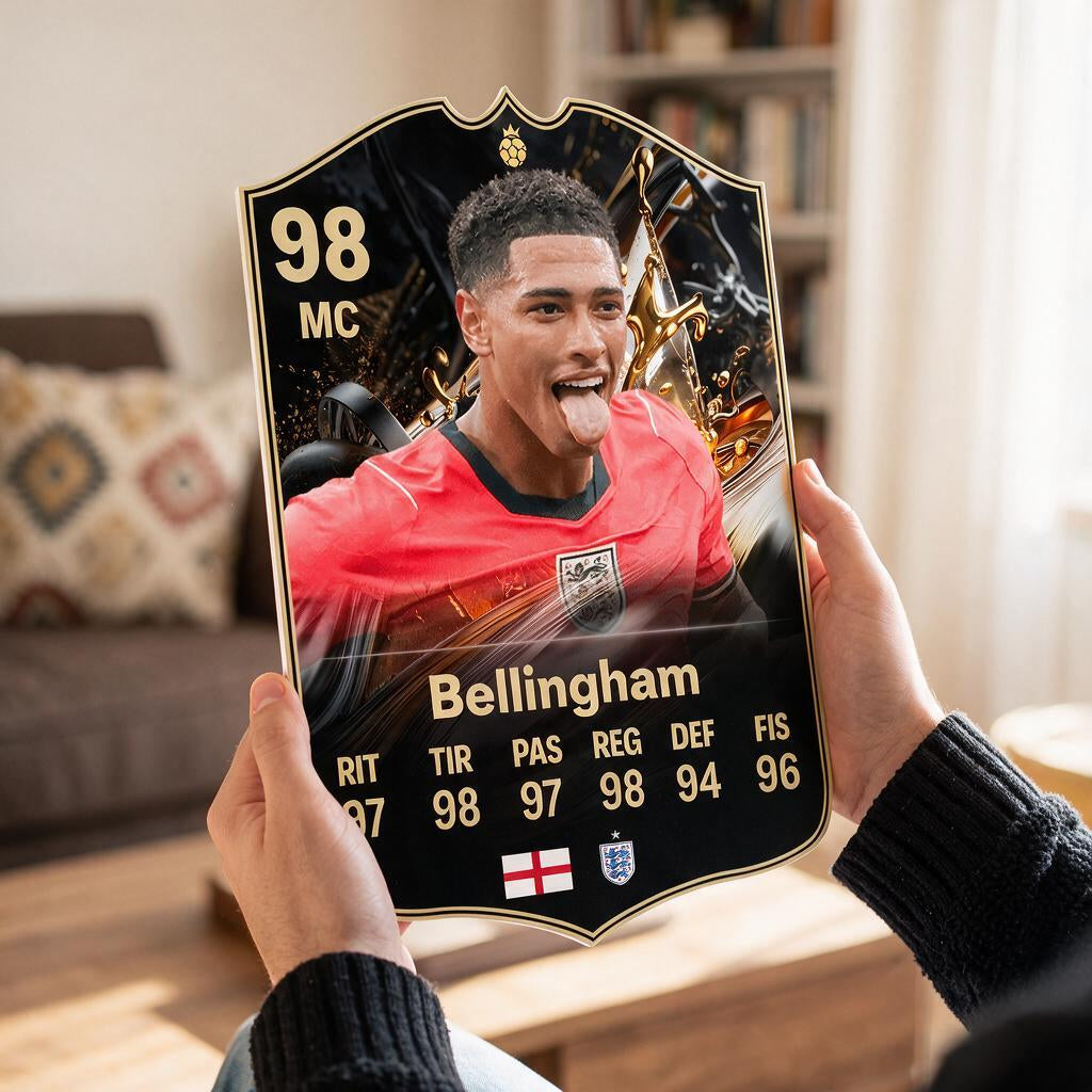 Diseño 6 — carta de Bellingham en las manos — Regalos de Fútbol