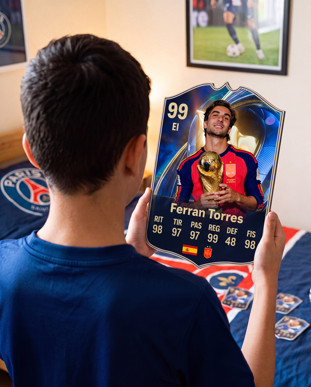 Niño con la carta de Ferran Torres en su pieza — Regalos de Fútbol