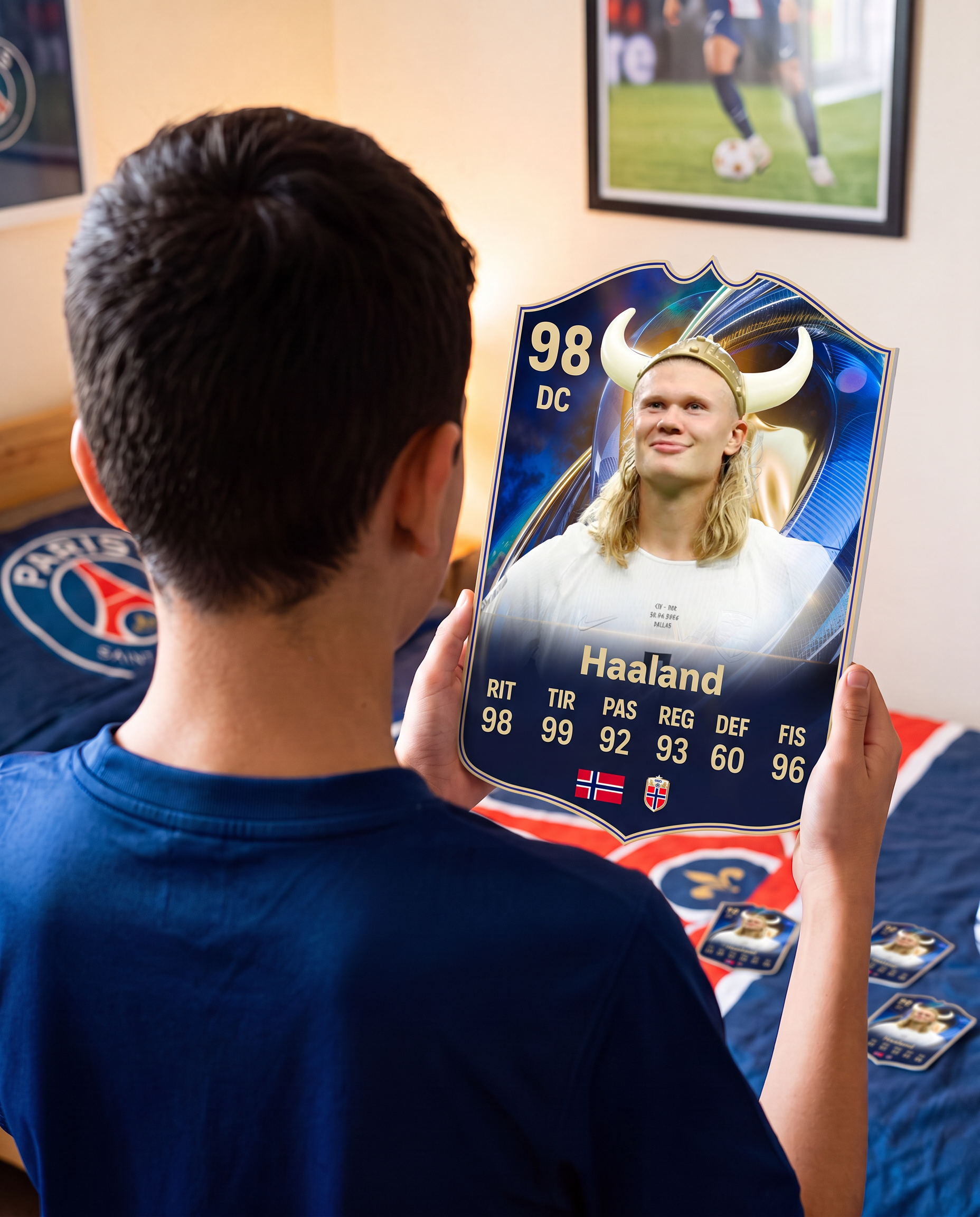 Niño con la carta de Haaland en su pieza — Regalos de Fútbol