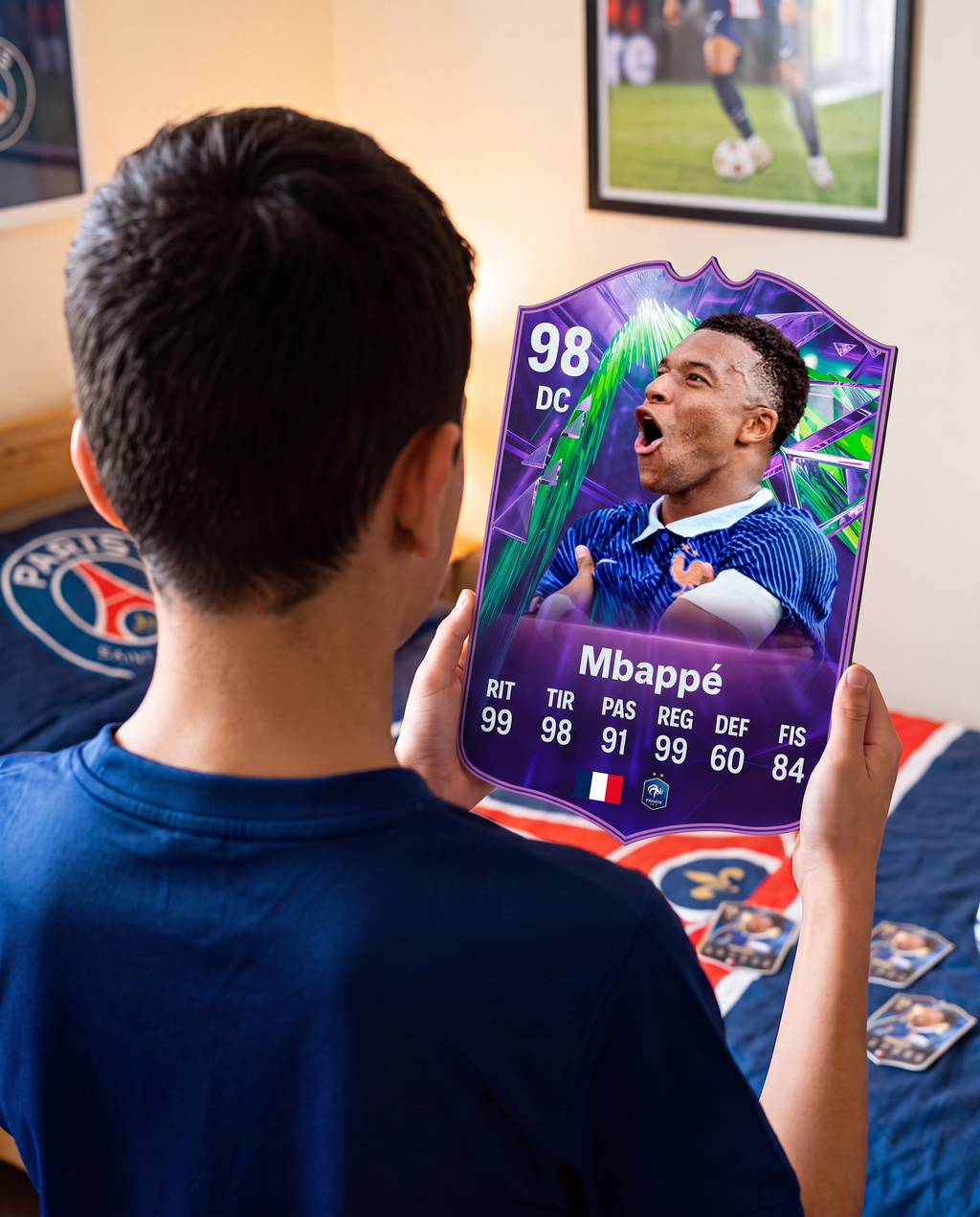 Diseño 4 — niño con la carta de Mbappé en su pieza — Regalos de Fútbol