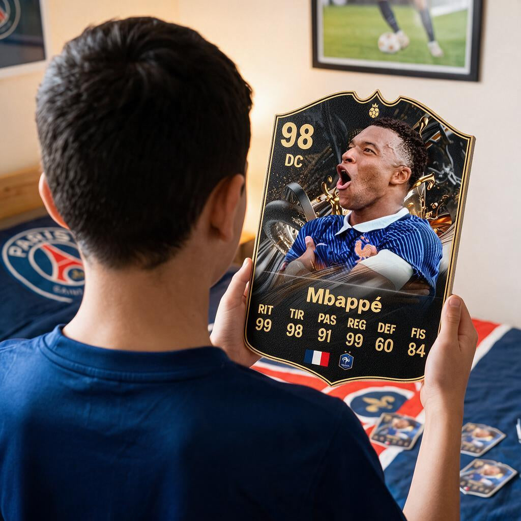 Diseño 2 — niño con la carta de Mbappé en su pieza — Regalos de Fútbol