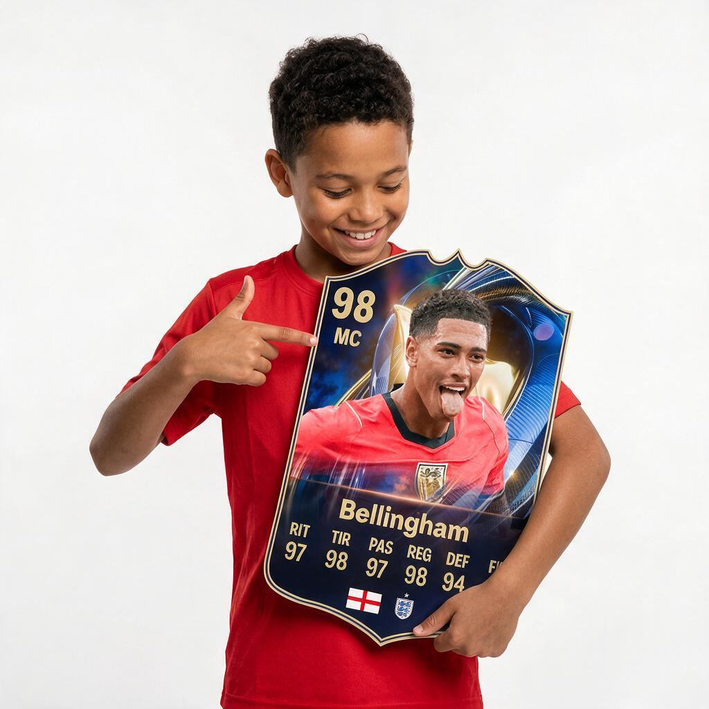 Diseño 1 — niño mostrando su carta de Bellingham — Regalos de Fútbol