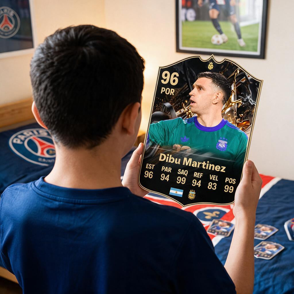 Diseño 2 — niño con la carta de Dibu Martínez en su pieza — Regalos de Fútbol