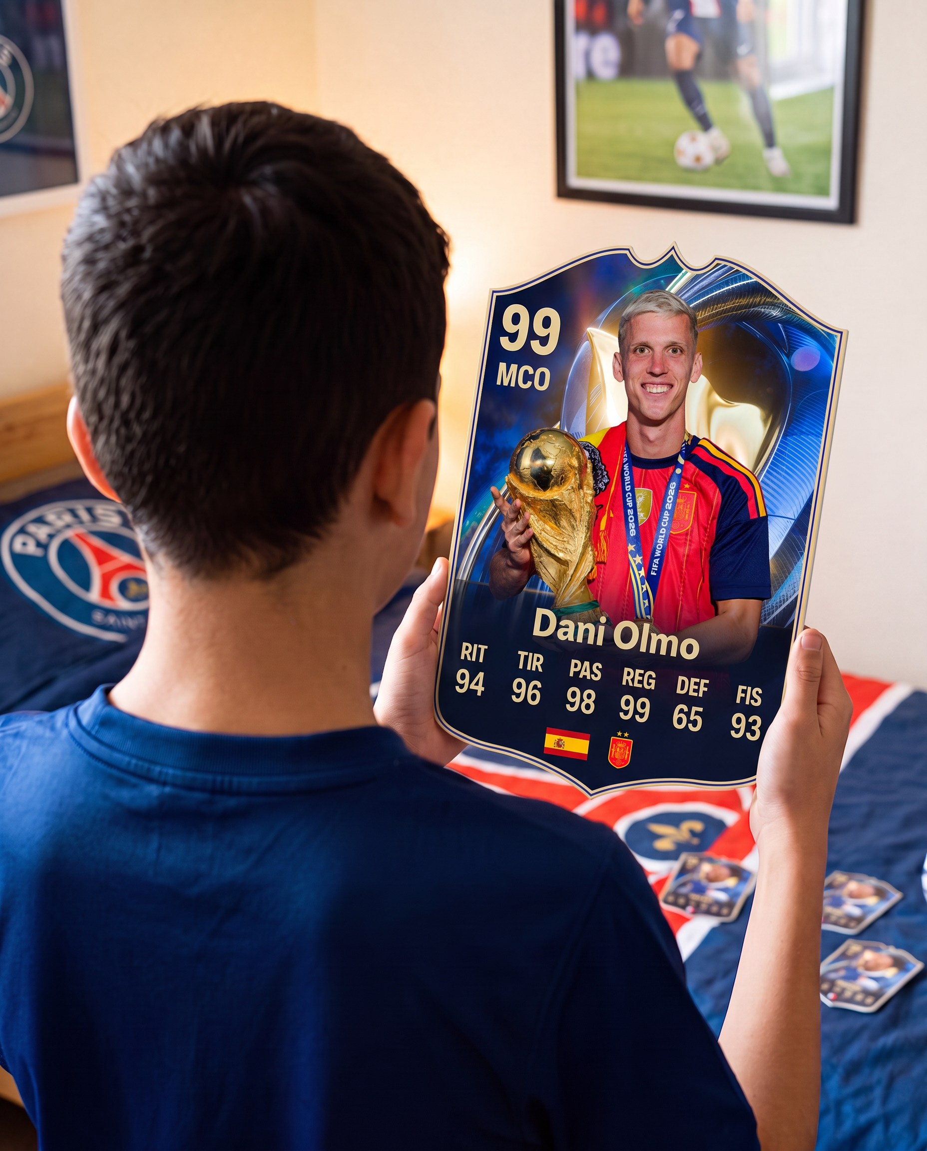 Niño con la carta de Dani Olmo en su pieza — Regalos de Fútbol