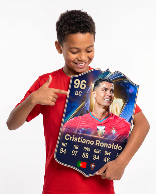 Niño mostrando su carta coleccionable de Cristiano Ronaldo — Regalos de Fútbol