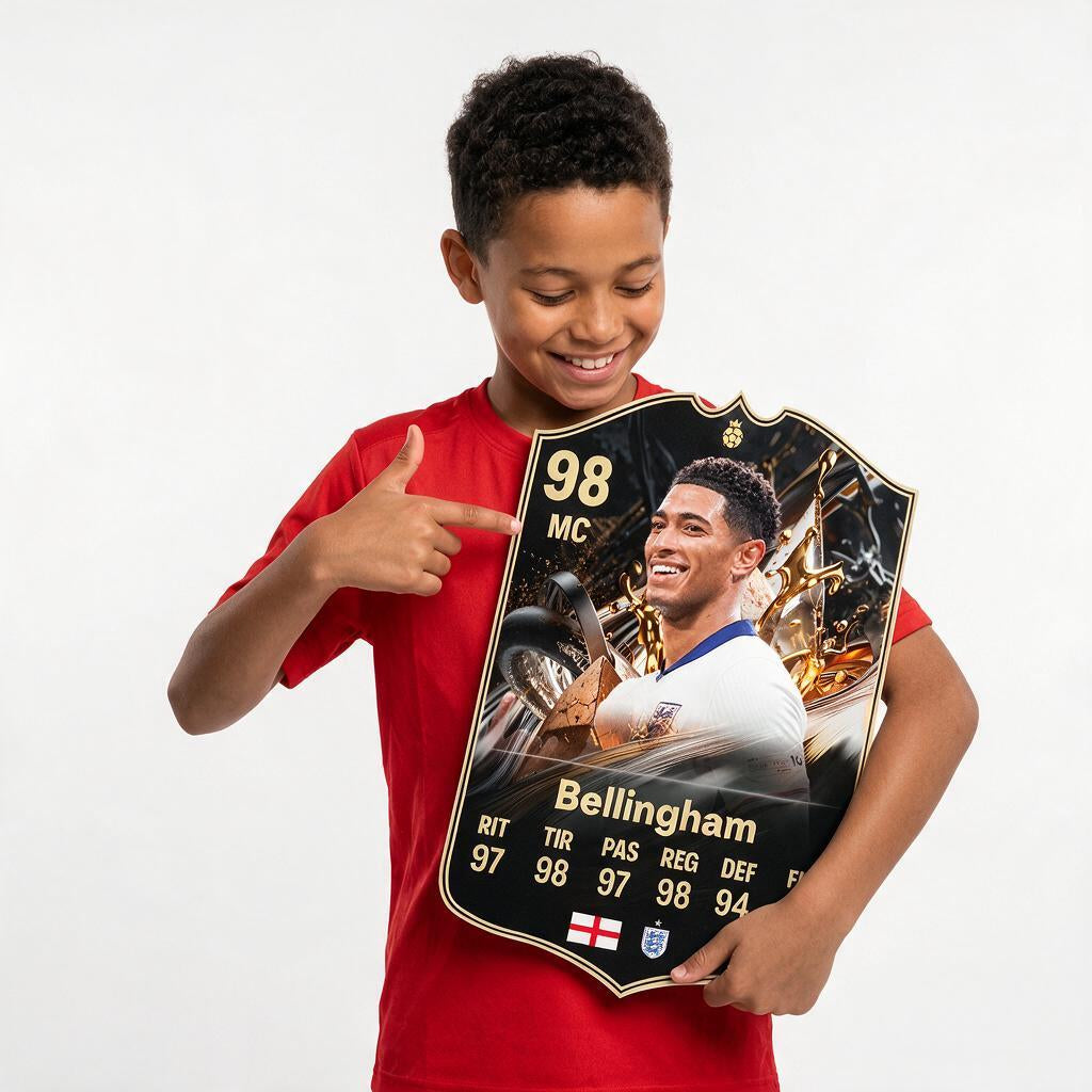 Diseño 5 — niño mostrando su carta de Bellingham — Regalos de Fútbol