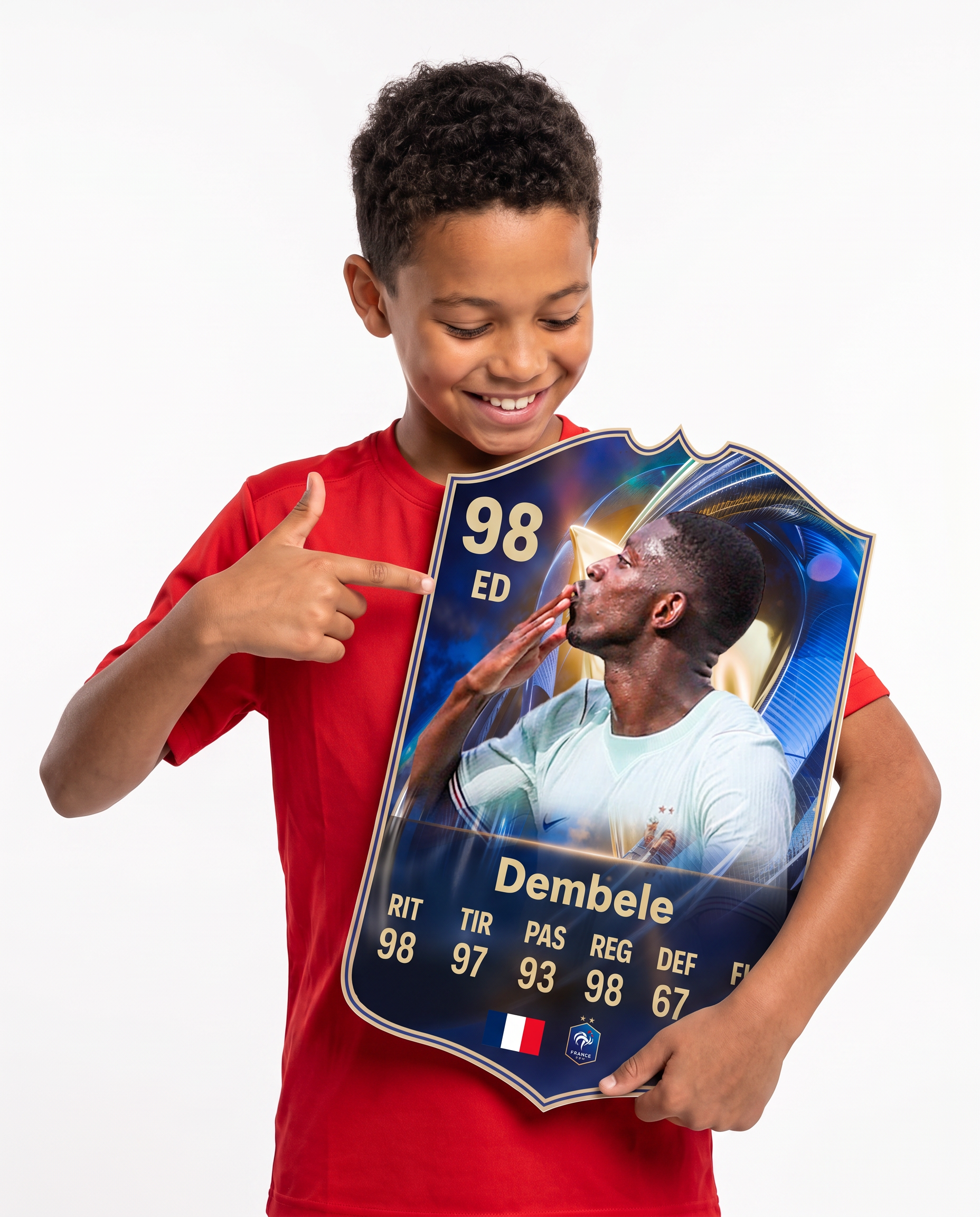 Niño mostrando su carta coleccionable de Dembélé — Regalos de Fútbol