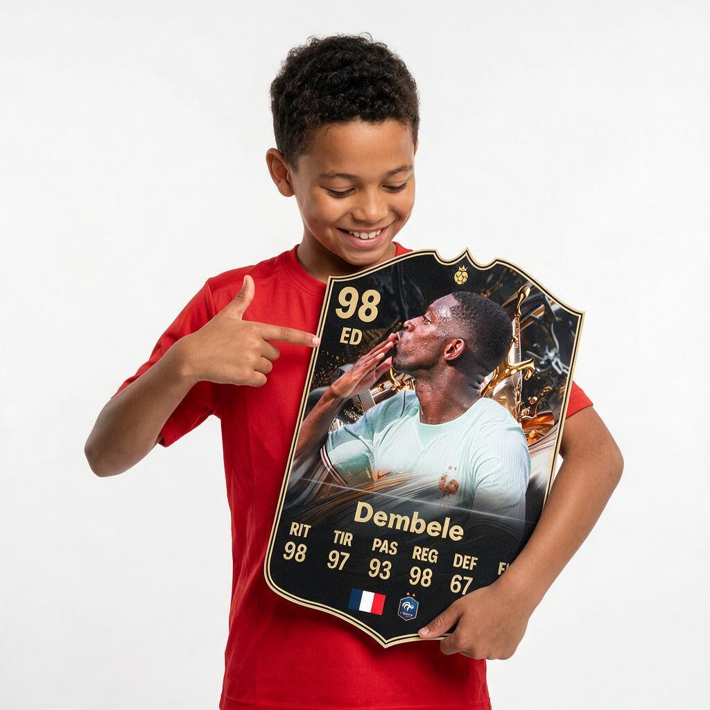 Diseño 2 — niño mostrando su carta de Dembélé — Regalos de Fútbol