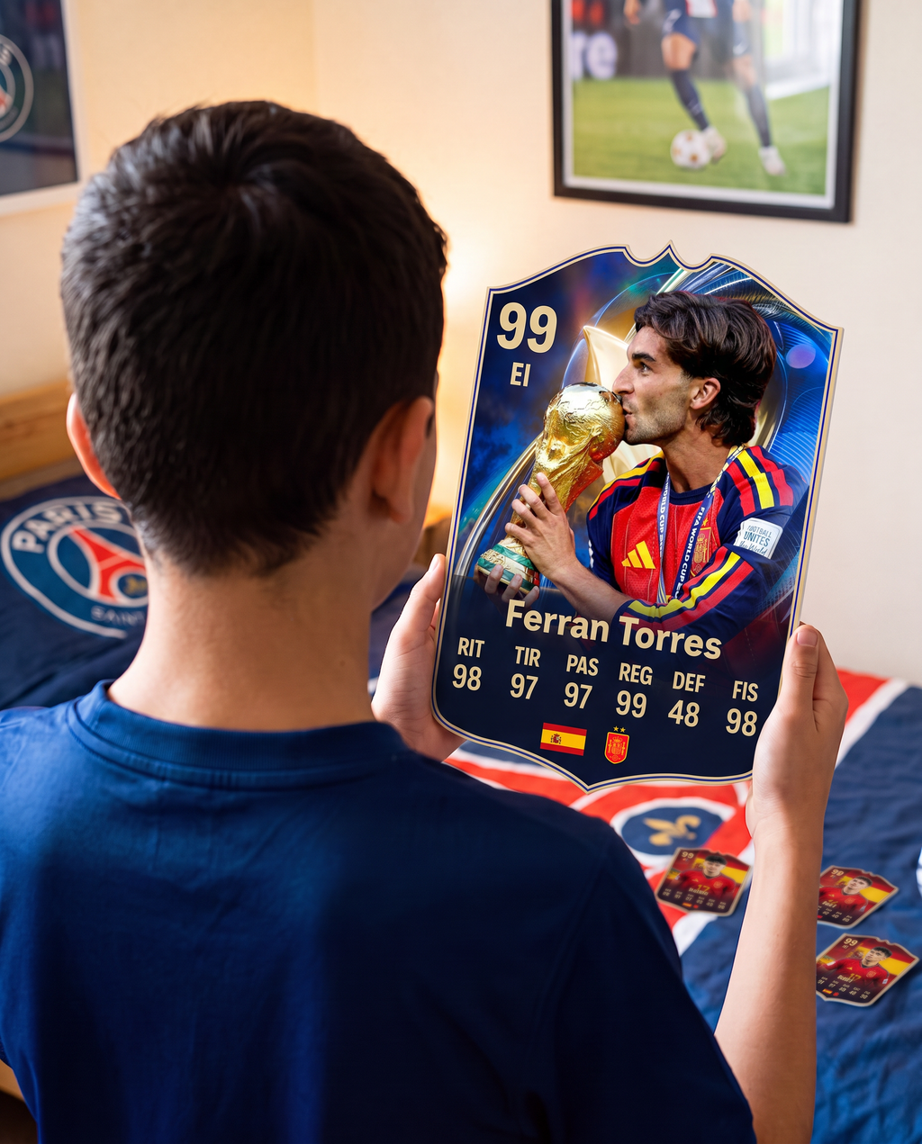 Diseño 2 — niño con la carta de Ferran Torres en su pieza — Regalos de Fútbol