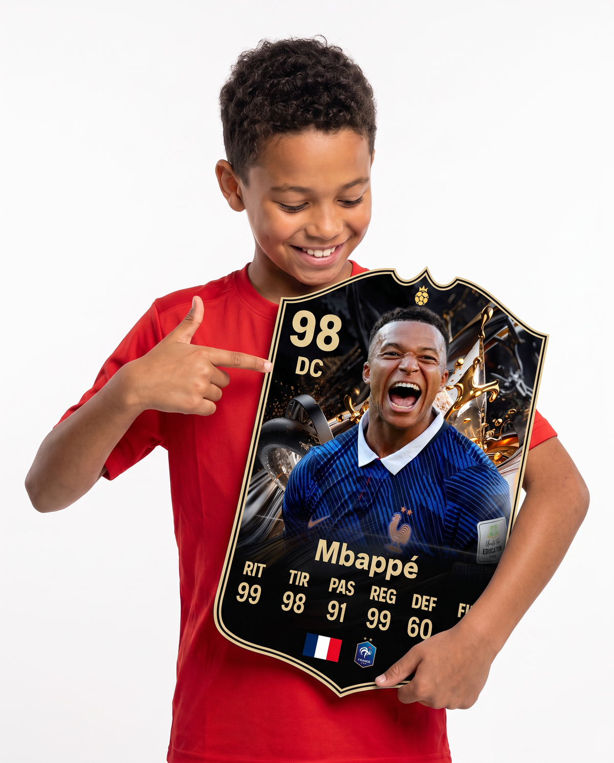 Diseño 8 — niño mostrando su carta de Mbappé — Regalos de Fútbol